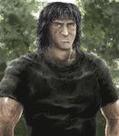  bandana black_hair blood forest grey_hair injury lips long_hair male_focus manly muscle nature old rambo realistic serious shirt solo sweat sylvester_stallone ymr 