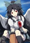  arm_cannon black_hair black_legwear black_wings blue_sky bow breasts cape cloud concrete hair_bow highres kneehighs large_breasts long_hair md5_mismatch ponytail red_eyes reiuji_utsuho shirt sinzan sitting skirt skirt_lift sky solo third_eye tongue tongue_out touhou very_long_hair weapon wings 