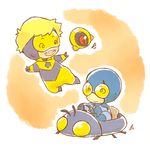  2boys blonde_hair blue_beetle booster_gold chibi dc_comics driving goggles lowres male male_focus mask multiple_boys skeet smile star superhero ted_kord 