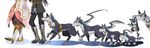  1girl age_progression boots coat dog estellise_sidos_heurassein grey_footwear head_out_of_frame highres juria0801 knee_boots lambert pants repede tales_of_(series) tales_of_vesperia white_background yuri_lowell 