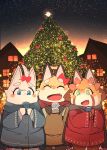  3girls blue_eyes christmas_tree eyes_closed fox furry green_eyes multiple_girls open_mouth red_panda rntn_wkwk scarf smile tea wolf 