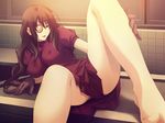  1girl breasts brown_hair dress eyepatch foot game_cg gloves highres innocent_grey kara_no_shoujo large_breasts legs long_hair looking_at_viewer lying monocle natsume-san open_mouth solo spread_legs sugina_miki thighhighs thighs 