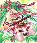 ahoge bass_guitar belt green_eyes green_hair guitar hair_ribbon hatsune_miku headset highres instrument kneeling long_hair looking_at_viewer maple midriff necktie outstretched_arms revision ribbon skirt solo spread_arms thighhighs twintails very_long_hair vocaloid 
