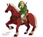  blonde_hair blue_eyes epona gloves hat horse karatou link male_focus pointy_ears shield solo sword the_legend_of_zelda the_legend_of_zelda:_ocarina_of_time weapon 