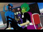  1girl 3boys armor beast_boy black_hair blue_beetle cape chair dc_comics deathstroke domino_mask green_hair green_skin hood jamie_reyes letterboxed lowres raven_(dc) reading robin_(dc) screen sitting table teen_titans 