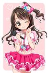  ;) brown_eyes brown_hair flower hair_flower hair_ornament hair_ribbon half_updo head_tilt heart idolmaster idolmaster_cinderella_girls index_finger_raised long_hair looking_at_viewer microphone midriff navel one_eye_closed one_side_up pentagon pink_check_school ribbon shimamura_uzuki shirt skirt smile solo 