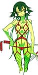  dagger earings earrings fishnet_legwear fishnet_stockings fishnets green_hair harness head_tilt jewelry lizard_girl monster_girl nipples panties sketch smile underwear weapon yeeeebis yellow_eyes 