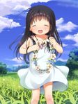  :d ^_^ absurdres anyannko black_hair blush child closed_eyes cloud cloudy_sky day dress flower grass happy highres long_hair nature open_mouth original outdoors power_lines sky smile solo sundress white_dress wreath 