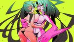  ass big_breasts bikini black black_hair black_sclera breasts female holding kissing lesbian looking_at_each_other monster_girl open_mouth red_eyes saliva saliva_trail shark shark_girls sharp_teeth skimpy standing swimsuit tongue topless yeeeebis yellow_eyes yuri 