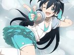  black_hair blue_eyes ganaha_hibiki gloves idolmaster idolmaster_(classic) long_hair one_eye_closed ponytail pop_sound_blossom solo tkns 