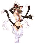  animal_ears arabian_clothes arm_up armpits bastet bikini black_hair bracelet breasts cat_ears cat_paws choker claws cleavage earrings fang groin himekiss jewelry looking_away medium_breasts mugetsu_(arado234) multiple_tails navel necklace nekomata original paws purple_eyes short_hair side-tie_bikini simple_background solo standing standing_on_one_leg swimsuit tail thigh_gap white_background 