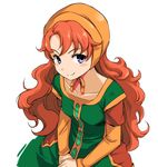 blue_eyes blush breasts closed_mouth collarbone dragon_quest dragon_quest_vii dress eyebrows_visible_through_hair hood konoe_(fogtracks) long_hair long_sleeves maribel_(dq7) orange_hair simple_background small_breasts smile solo wavy_hair white_background 