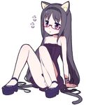  :&lt; akemi_homura animal_ears bare_shoulders black_hair blush cat_ears cat_tail dress full_body glasses hair_spread_out hairband long_hair looking_up mahou_shoujo_madoka_magica mary_janes muhogame panties patterned patterned_clothing platform_footwear purple_dress purple_eyes red-framed_eyewear shoes silhouette simple_background sitting solo strapless strapless_dress striped tail underwear very_long_hair white_background white_panties wristband 
