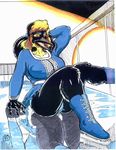  anthro avian big_breasts bird black_feathers black_hair blonde_hair blue_clothing breasts colored emperor_penguin eyelashes female hair ice ice_skating oscar_marcus penguin pinup pose red_eyes reflection skates solo sport two_tone_hair yellow_feathers 