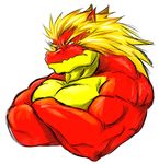  arms_folded biceps big_muscles blonde_hair crossed_arms dragon fur hair horn looking_at_viewer male muscles nude pecs plain_background pose red_dragon red_skin reptile scales scalie solo timberwolfmax topless white_background yellow_eyes 