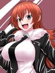  :d black_gloves black_hair blush breasts gloves highres hoshigami_zena kure-nai large_breasts long_hair necktie open_mouth red_hair shirt smile solo upper_body watarui white_shirt 