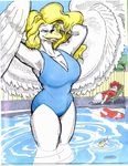  anthro avian big_breasts bird blonde_hair blue_clothing blue_eyes blue_swimsuit breasts canine colored deckchair duo feathered_wings feathers female fence fox hair long_hair mammal one-piece_swimsuit oscar_marcus pinup pool pose reflection solo_focus spread_wings swan swimsuit water white_feathers wings 