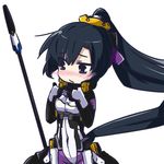  1girl absurdres alternate_costume alternate_outfit black_hair blush bodysuit female highres honda_futayo kyoukai_senjou_no_horizon kyoukaisenjou_no_horizon look_away polearm ponytail purple_hair solo spear weapon 