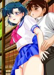  1girl back_bow bishoujo_senshi_sailor_moon blue_eyes blue_hair blue_sailor_collar blush book bow breath brown_hair earrings hetero jewelry juuban_middle_school_uniform library midriff mizuno_ami panties parted_lips pirochi sailor_collar school_uniform shiny shiny_skin short_hair skirt sweat underwear urawa_ryou white_panties yellow_eyes 