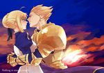  1girl ahoge armor armored_dress artoria_pendragon_(all) bad_id bad_pixiv_id blonde_hair dress earrings fate/zero fate_(series) gilgamesh green_eyes imminent_kiss jewelry nekoso red_eyes saber 