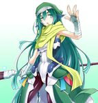  aqua_eyes bandages bodysuit ear_covers grace_o'malley green_hair green_scarf hat kodama_yuu kyoukaisenjou_no_horizon long_hair pantyhose pointy_ears scarf staff 