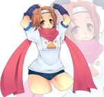  animal_ears arcana_heart arcana_heart_2 arcana_heart_3 arms_up brown_hair dog_ears headband highres konoha_(arcana_heart) miura_hajime red_scarf scarf short_hair solo tail 