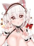  1girl anchor_choker animal_ears azur_lane bangs blush breasts cat_ears cat_tail choker cleavage collarbone commentary_request eyebrows_visible_through_hair fingernails hair_between_eyes hairband head_tilt highres kanjitomiko lace-trimmed_cuffs lace-trimmed_hairband large_breasts looking_at_viewer open_mouth paw_pose puffy_sleeves red_eyes short_hair short_sleeves sidelocks sirius_(azur_lane) solo tail white_hair wrist_cuffs 