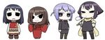  black_eyes blazer blush boots brown_hair chibi earrings expressionless fujita_yasuko grey_eyes hand_on_hip highres jacket japanese_clothes jewelry kainou_yoshiko kimono kiseru kokaji_sukoya light_smile long_sleeves looking_at_viewer mihirogi_uta miniskirt multiple_girls necktie outstretched_arms pantyhose pipe sad saki saki_achiga-hen scarf shoes short_hair simple_background skirt smoking spread_arms standing ume_(noraneko) white_background wide_sleeves 