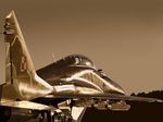  airplane fighter_jet from_behind fuyunobu helmet jet mig-29 military military_vehicle monochrome original pilot polish_air_force_checkerboard realistic sepia sky solo 