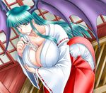  alternate_costume bat_wings between_breasts breast_hold breasts cleavage collarbone demon_girl green_eyes green_hair head_wings japanese_clothes large_breasts long_hair miko morrigan_aensland mouth_hold solo succubus sukesan101 vampire_(game) wings 