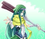  aqua_eyes bandages bodysuit ear_covers grace_o'malley green_background green_hair green_scarf hat kodama_yuu kyoukaisenjou_no_horizon long_hair pointy_ears scarf staff 