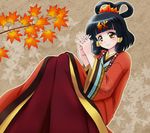  aki-chan black_hair blush brown_eyes hair_rings hair_tubes japanese_clothes leaf long_hair mameshiba nippon_housou_kyoukai red_eyes smile solo 