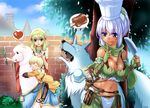  1boy 2girls :d :p ^_^ acolyte alpaca between_breasts blonde_hair blue_eyes blush boned_meat breasts brick_wall chef_hat cleavage closed_eyes dark_skin day eating elbow_gloves fingerless_gloves food gloves green_eyes gypsy_(ragnarok_online) hairband hand_on_head hat heart holding holding_knife kawagoe_pochi knife large_breasts llama meat multiple_girls navel open_mouth outdoors ragnarok_online ranger_(ragnarok_online) shared_speech_bubble short_hair sitting smile speech_bubble spoken_food spoken_heart spoken_object strap_cleavage tongue tongue_out toque_blanche tree wolf 