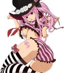  1girl breasts flower from_behind hat high_res highres lace large_breasts looking_back one_piece panties paw_pose perona photoshop pink_hair shirt shitapai striped striped_legwear striped_shirt tattoo thick_thighs thighhighs thighs tongue tongue_out transparent_background transparent_png underboob underwear 