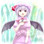  bat_wings buttons cowboy_shot dress hand_on_own_chest hat holding lowres mob_cap pink_dress puffy_short_sleeves puffy_sleeves red_eyes remilia_scarlet short_hair short_sleeves silver_hair solo touhou tsubasa_(abchipika) wings 