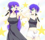  \m/ ahoge dress ginga_nakajima green_eyes indigorabbit long_hair lyrical_nanoha macross macross_frontier mahou_shoujo_lyrical_nanoha_strikers microphone midriff multiple_girls music one_eye_closed open_fly parody purple_hair seikan_hikou short_hair shorts siblings singing sisters star subaru_nakajima unzipped wrist_cuffs 