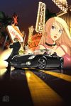  1girl blonde_hair blue_eyes car choker convertible copyright_request earrings ground_vehicle highres jewelry las_vegas lipstick makeup motor_vehicle omar_dogan pontiac pontiac_solstice 