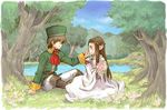  1girl brown_eyes brown_hair couple day dragon_girl dragon_quest dragon_quest_viii dress eltrio flower hat hetero lake long_hair monster_girl nature outdoors pointy_ears saikachi_(ogre_tree) sitting tree xia_(dq8) 