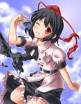  bad_id bad_pixiv_id bird black_hair blush camera crow hat ibuki_mana looking_at_viewer open_mouth ribbon shameimaru_aya short_hair skirt smile solo touhou 