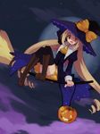 blonde_hair broom broom_riding drill_hair flying full_moon halloween hand_on_headwear hat jack-o'-lantern koto_(colorcube) long_hair melona_(koto) moon night night_sky open_mouth original pumpkin red_eyes sidesaddle skirt sky smile solo thighhighs twintails very_long_hair witch witch_hat zettai_ryouiki 