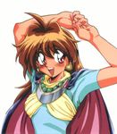  90s :d araizumi_rui blush brown_eyes brown_hair collar earrings jewelry lina_inverse necklace open_mouth pearl_necklace short_sleeves simple_background slayers smile solo stretch upper_body white_background 