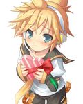  aqua_eyes artist_request blonde_hair blush box detached_sleeves headphones heart-shaped_box kagamine_len male_focus solo valentine vocaloid 