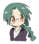  alternate_hairstyle blush glasses green_hair ixy looking_to_the_side lowres lucky_star narumi_yui orange_eyes ponytail raised_eyebrow simple_background solo white_background 