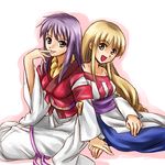  :d akogi arc_the_lad arc_the_lad_ii bare_shoulders blonde_hair blush brown_eyes finger_to_mouth kukuru_(arc_the_lad) lieza long_hair looking_at_viewer lowres multiple_girls open_mouth purple_hair simple_background sitting smile traditional_clothes white_background yellow_eyes yokozuwari 