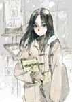  bag black_eyes black_hair book emanon_(character) freckles jacket memories_of_emanon sketch snow solo sweater toi8 