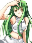  armpits bangs bare_shoulders breasts c.c. code_geass crop_top green_hair hand_up long_hair looking_at_viewer medium_breasts midriff navel pants ribi simple_background solo stomach very_long_hair white_background 