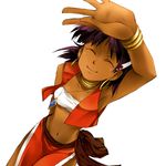  ^_^ arm_up bad_id bad_pixiv_id bandeau bracelet choker closed_eyes dark_skin earrings fushigi_no_umi_no_nadia hair_ornament hairclip hoop_earrings jewelry kinako_(moment) loincloth midriff nadia navel neck_ring necklace purple_hair shading_eyes short_hair smile solo strapless tubetop vest 