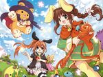  800x600 animal_ears apple bear braid brown_hair bunny_ears cloud clouds emil_chronicle_online food fruit hat open_mouth ponytail sky staff star stars striped striped_legwear striped_thighhighs thigh-highs thighhighs top_hat 
