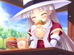  blush closed_eyes cloud day eating elbow_gloves game_cg gloves happiness! hat highres ko~cha long_hair shikimori_ibuki sky solo windmill_(company) 