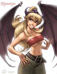  bandeau belt blonde_hair breasts copyright_request demon_girl demon_wings highres horns large_breasts midriff omar_dogan pointy_ears solo strapless tubetop wings 
